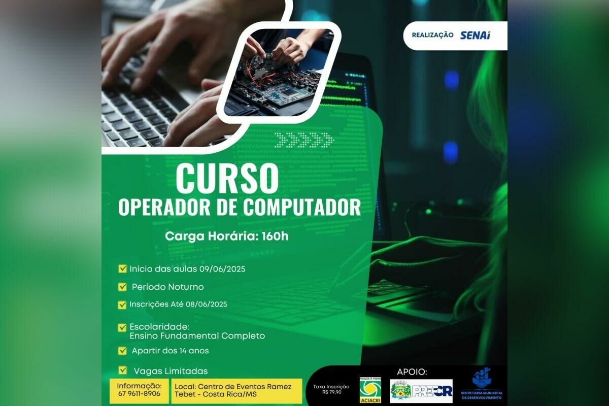 Imagem de compartilhamento para o artigo Cursos de marceneiro, eletricista e informática têm inscrições abertas em Costa Rica; saiba como garantir sua vaga da MS Todo dia